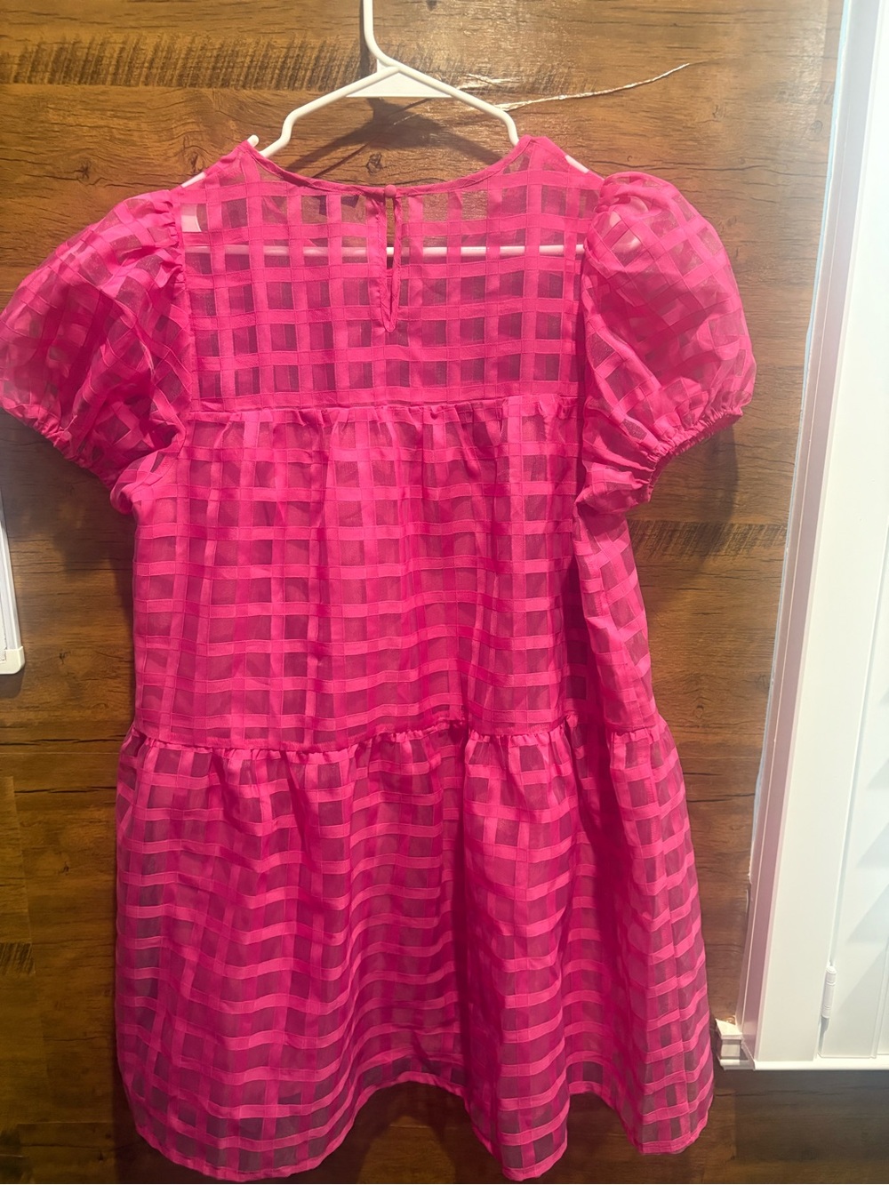 Cotton Bleu Bright Hot Pink Puff Sleeve Grid Babydoll Dress - Picture 6 of 8